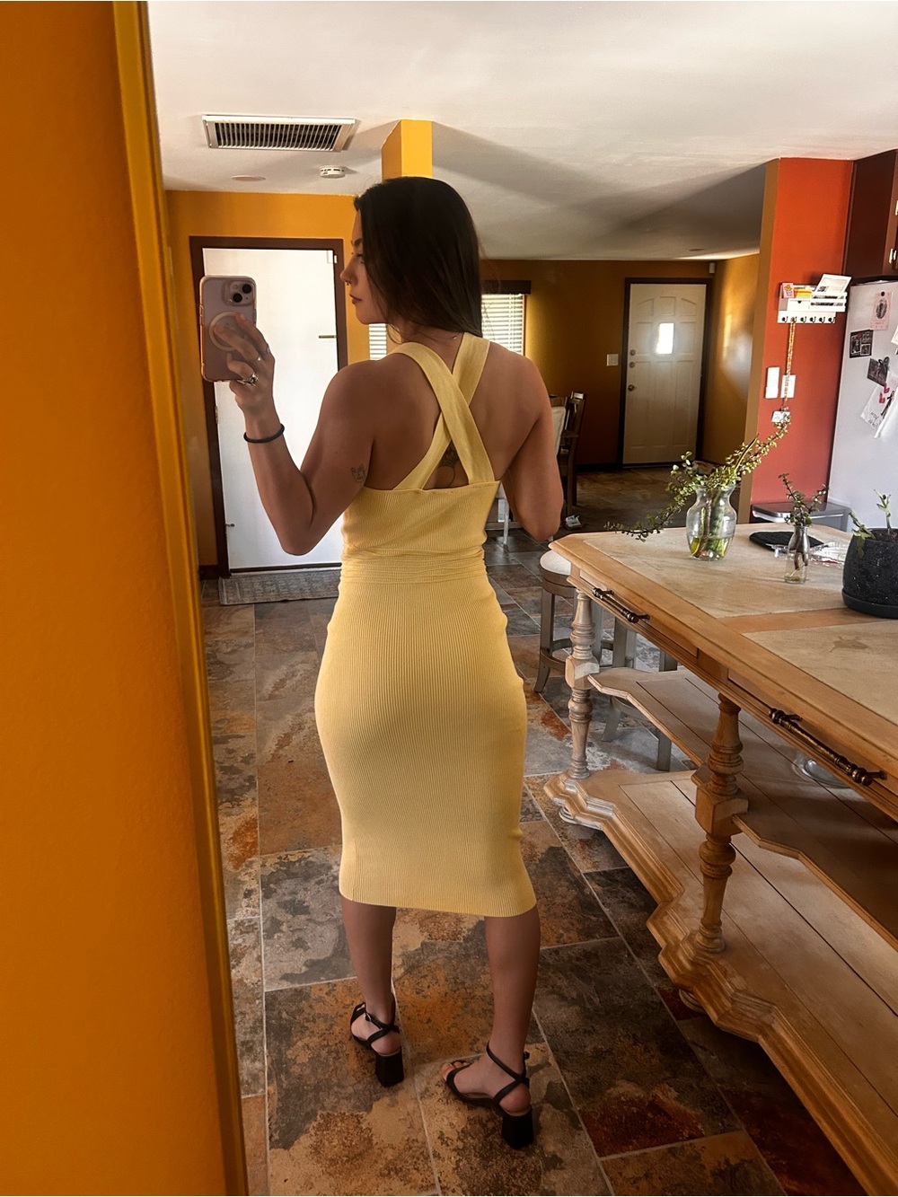 Express Pastel Yellow Bodycon Midi Dress Cross Open Back Ruched Medium/Small - Picture 6 of 10
